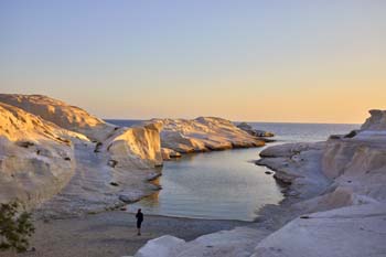 <b>Greece, Milos</b>, The white cliffs of Sarakiniko Beach at sunrise