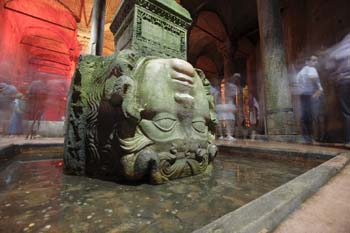 Medusa head column at Yerebatan Saray, Basilica cistern