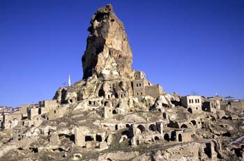 Ortahisar, a troglodyte village built under a caved rock